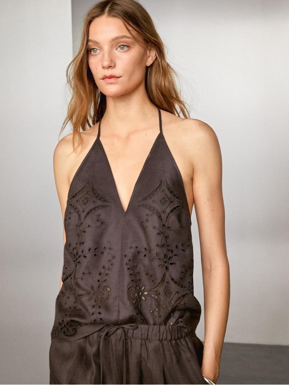Womenβs Brown Laser-Cut Halter Top Massimo Dutti